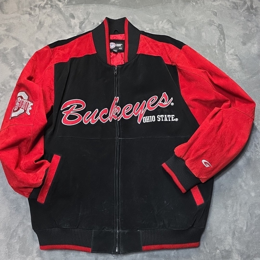 Vintage Ohio State Buckeyes Suede Leather Jacket Men's XL Black Red Front...